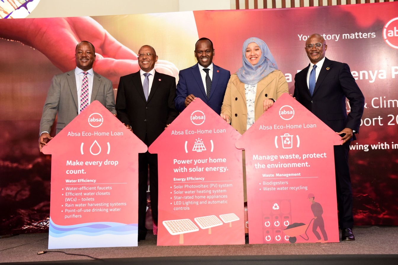 Absa Bank Kenya CFO Yusuf Omari, Board Chair Charles Muchene, CEO Abdi Mohamed, Kenya Green Building Society CEO Nasra Nanda and Absa Bank Kenya Consumer Banking Director Moses Muthui.